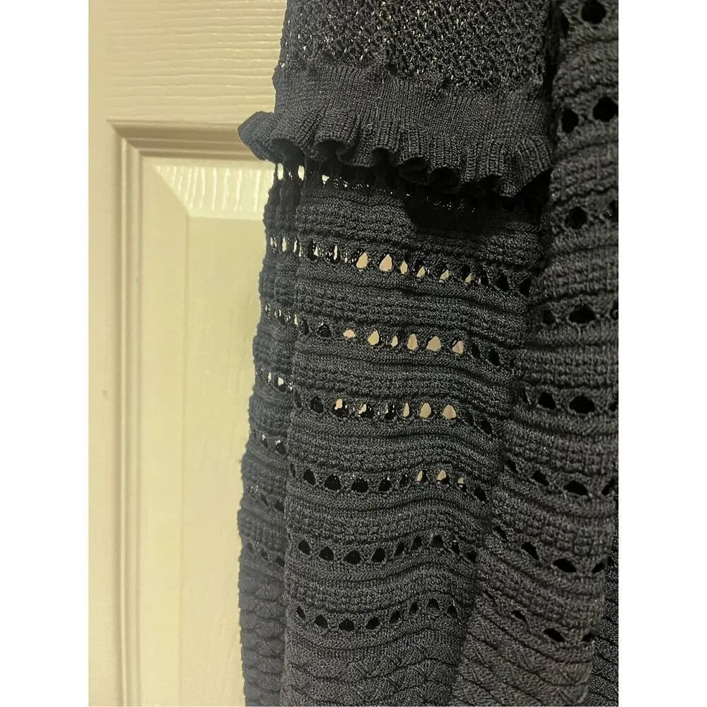 Bebe Black Ruffle Open Knit Romantic Whimsy Goth Sweater sz L NWOT